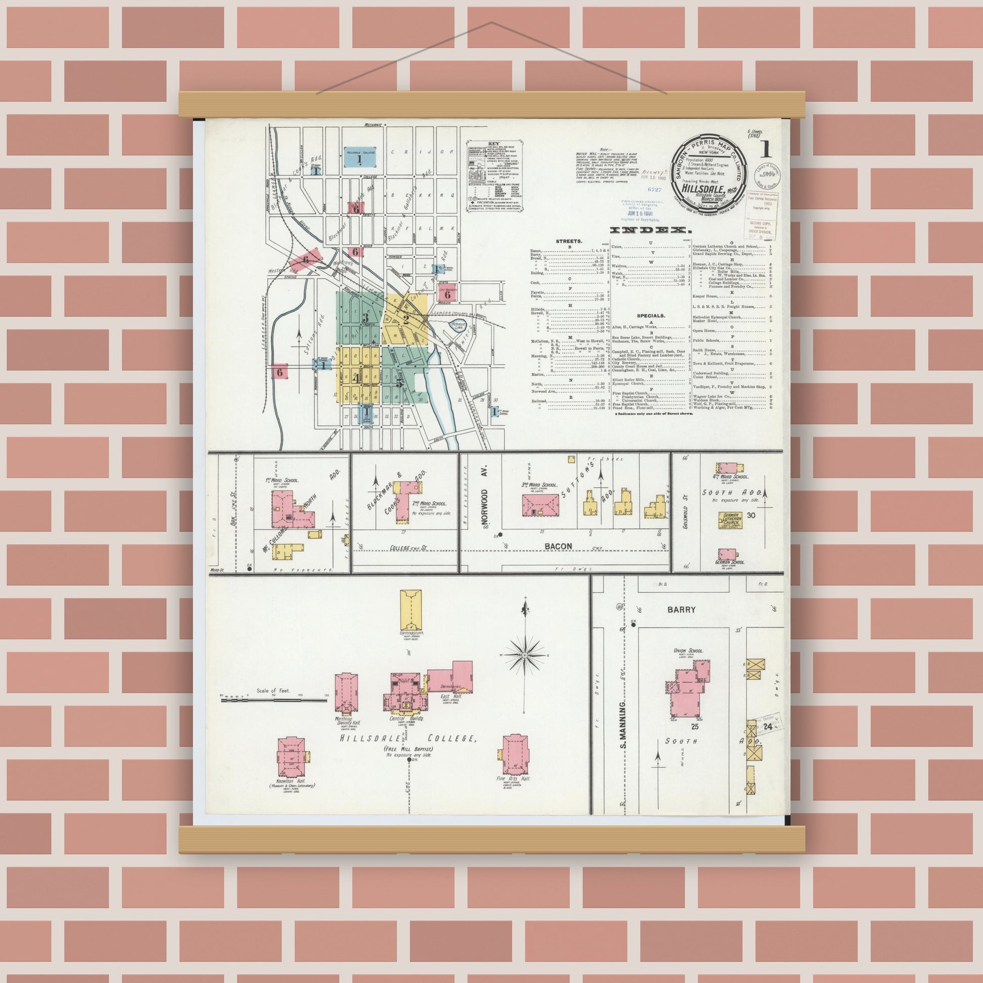 Old map wall art mockup — magnetic wood frame on brick wall — Sanborn Fire Insurance Map from Hillsdale, Hillsdale County, Michigan (1900) - Complete Map Set