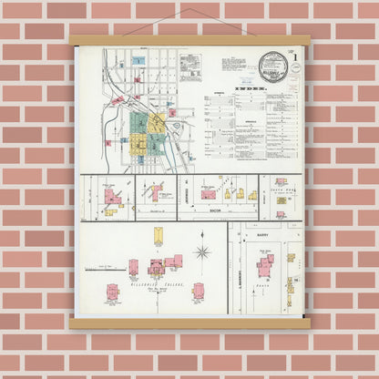 Old map wall art mockup — magnetic wood frame on brick wall — Sanborn Fire Insurance Map from Hillsdale, Hillsdale County, Michigan (1900) - Complete Map Set
