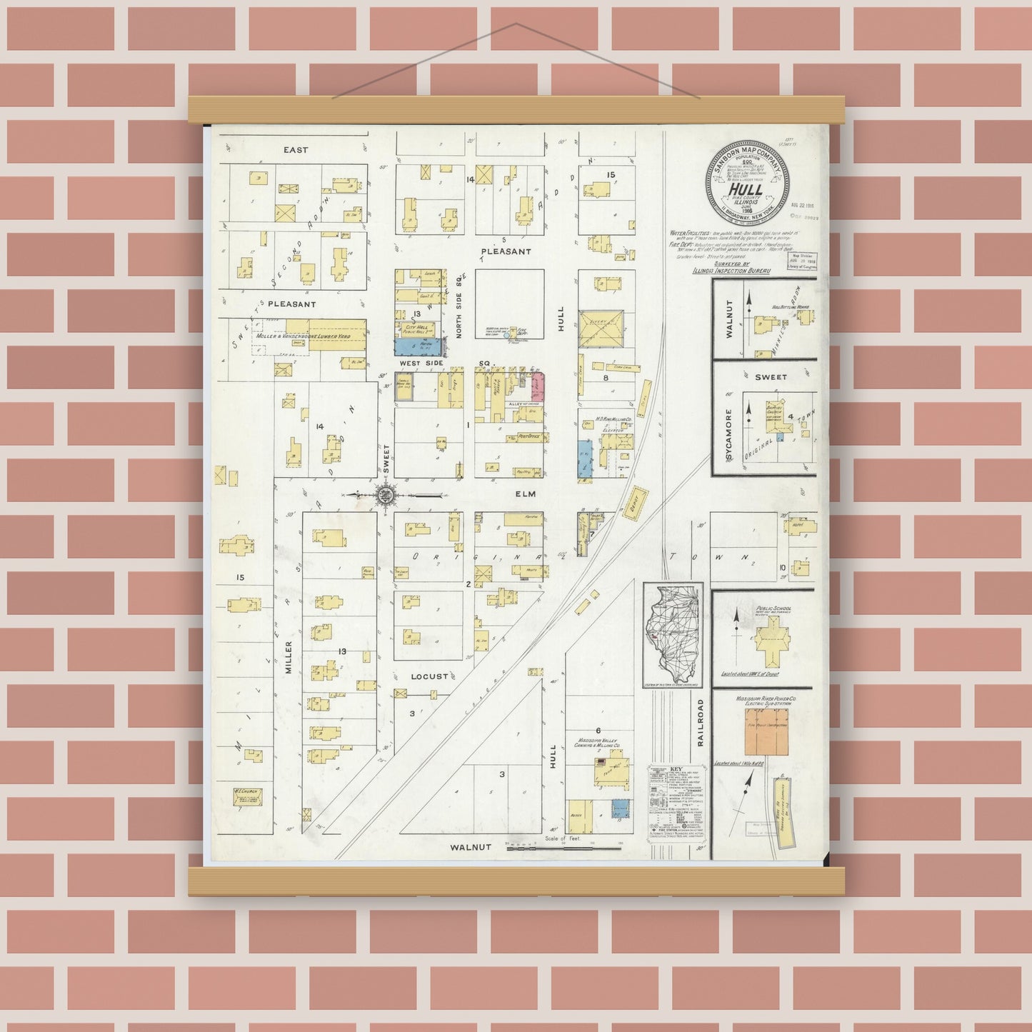 Old map wall art mockup — magnetic wood frame on brick wall — Sanborn Fire Insurance Map from Hull, Pike County, Illinois (1916), Sheet #0001
