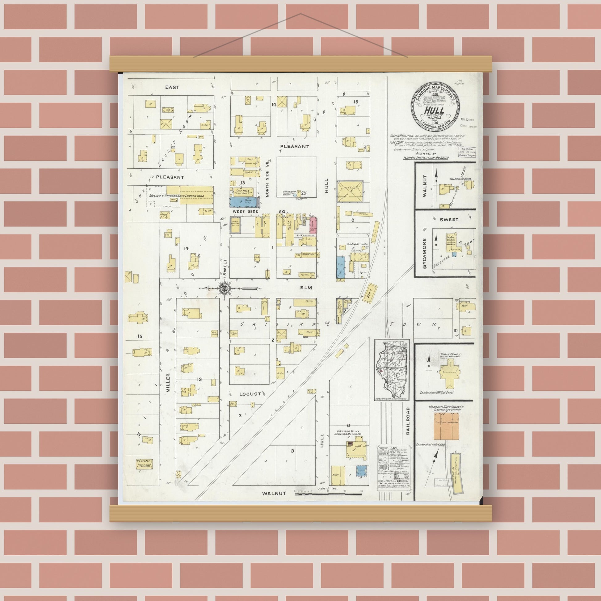 Old map wall art mockup — magnetic wood frame on brick wall — Sanborn Fire Insurance Map from Hull, Pike County, Illinois (1916), Sheet #0001