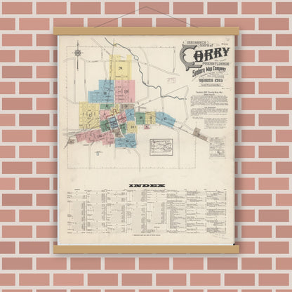 Old map wall art mockup — magnetic wood frame on brick wall — Sanborn Fire Insurance Map from Corry, Erie County, Pennsylvania (1915), Sheet #0001