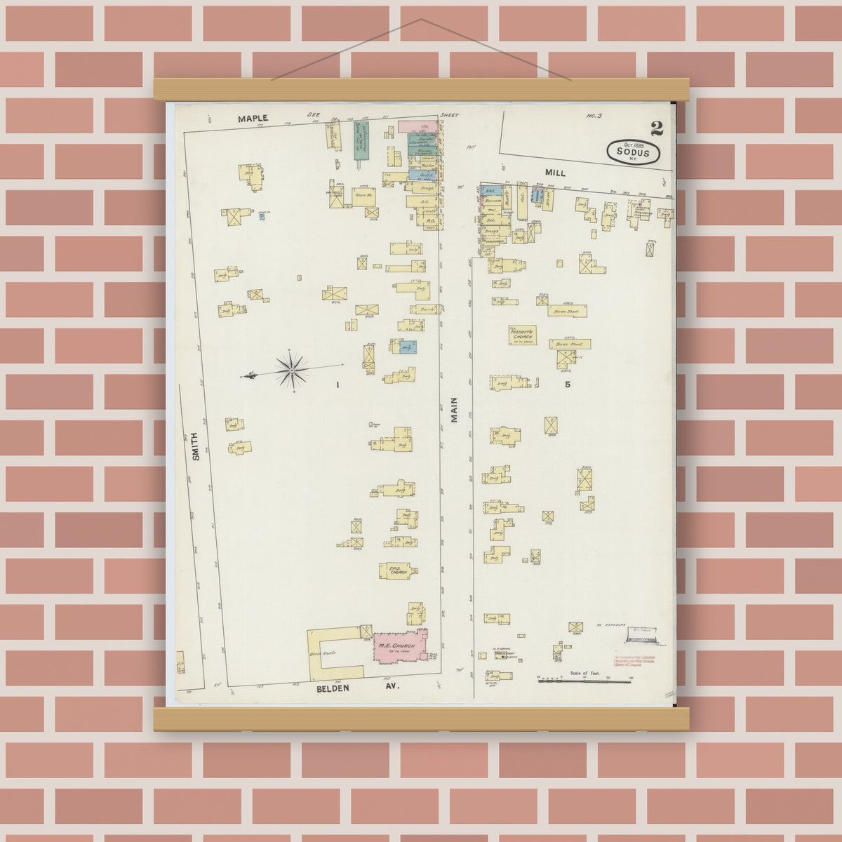 Old map wall art mockup — magnetic wood frame on brick wall — Sanborn Fire Insurance Map from Sodus, Wayne County, New York (1889), Sheet #0002