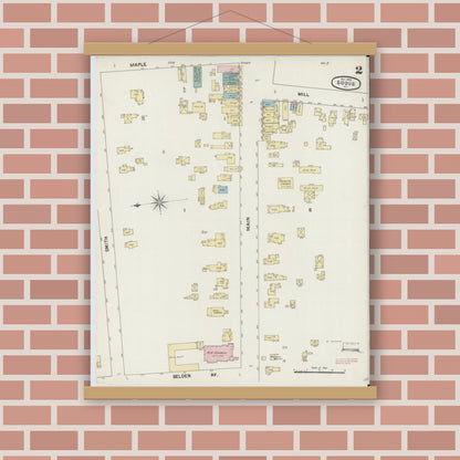 Old map wall art mockup — magnetic wood frame on brick wall — Sanborn Fire Insurance Map from Sodus, Wayne County, New York (1889), Sheet #0002