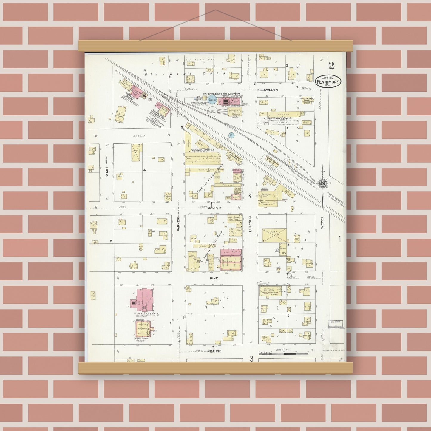 Old map wall art mockup — magnetic wood frame on brick wall — Sanborn Fire Insurance Map from Fennimore, Grant County, Wisconsin (1912), Sheet #0002