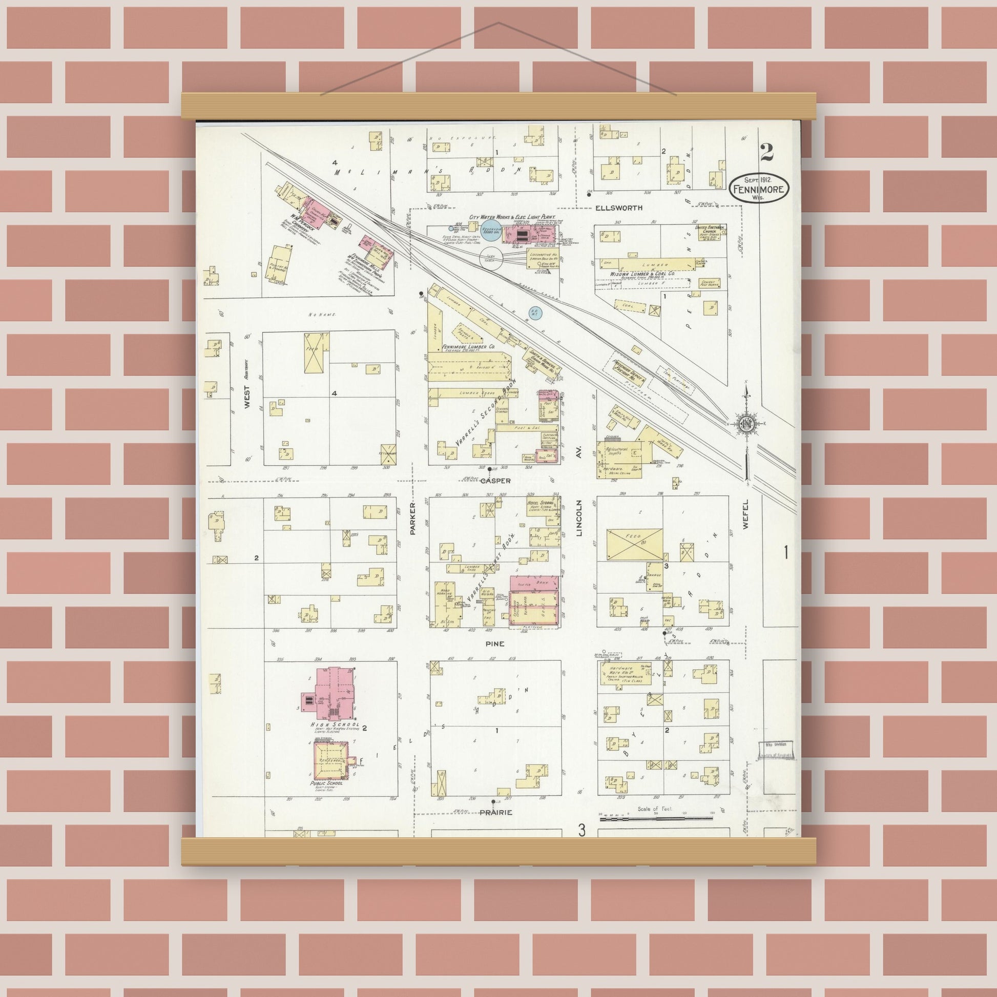 Old map wall art mockup — magnetic wood frame on brick wall — Sanborn Fire Insurance Map from Fennimore, Grant County, Wisconsin (1912), Sheet #0002
