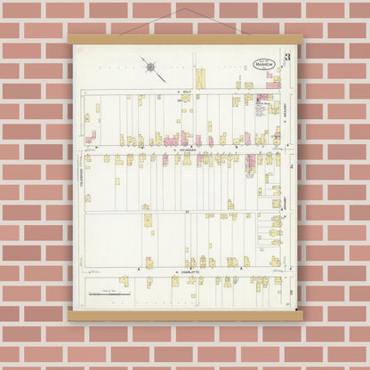 Old map wall art mockup — magnetic wood frame on brick wall — Sanborn Fire Insurance Map from Manheim, Lancaster County, Pennsylvania (1912), Sheet #0003