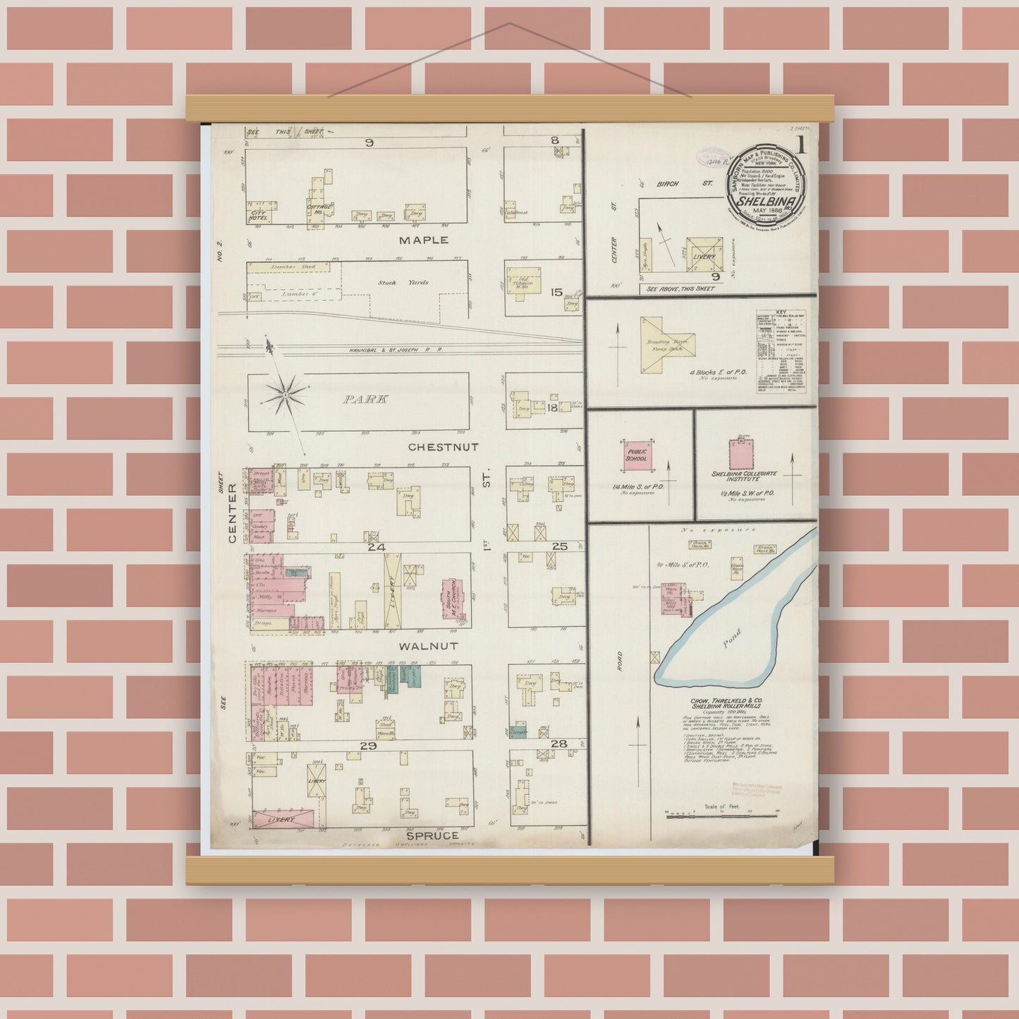 Old map wall art mockup — magnetic wood frame on brick wall — Sanborn Fire Insurance Map from Shelbina, Shelby County, Missouri (1886), Sheet #0001