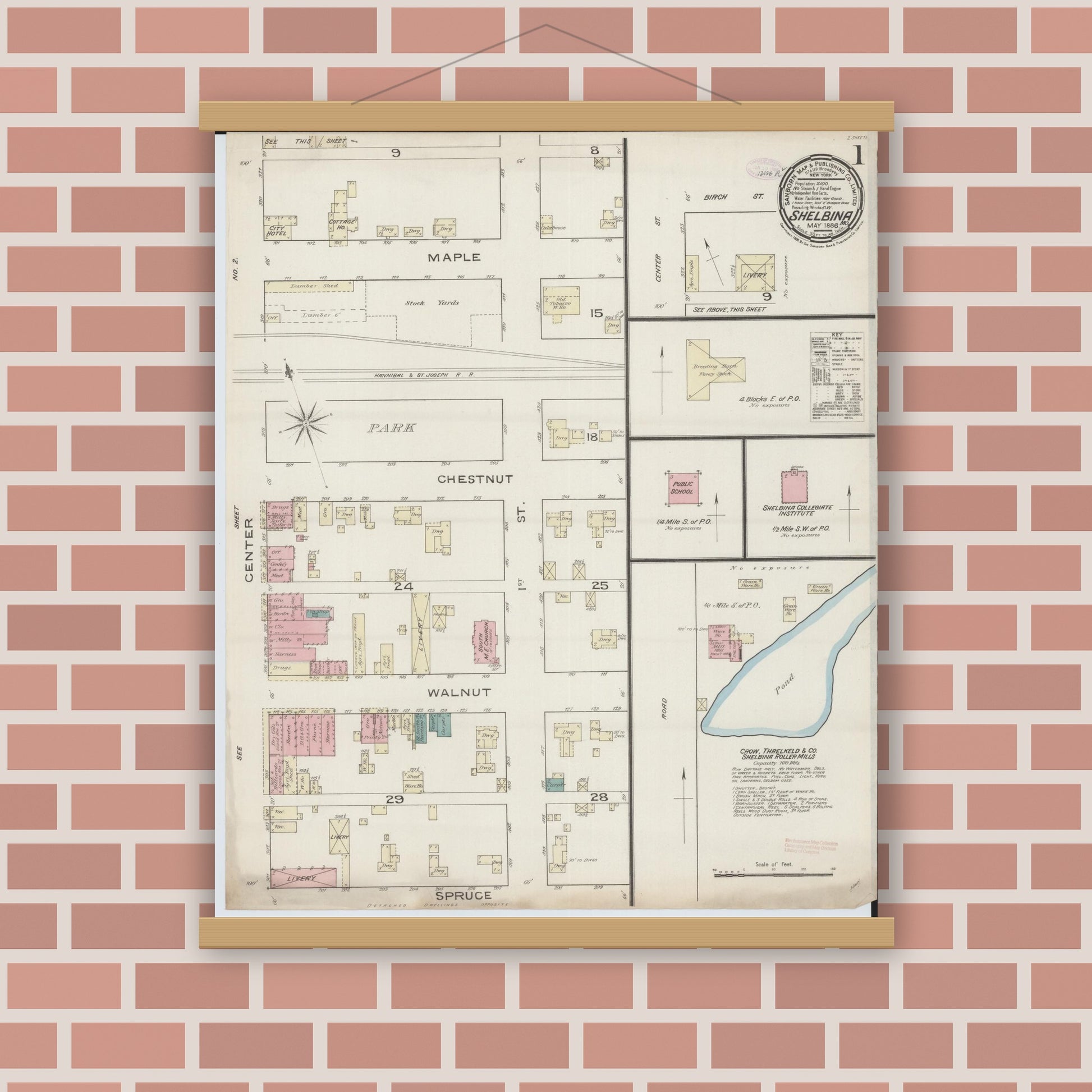 Old map wall art mockup — magnetic wood frame on brick wall — Sanborn Fire Insurance Map from Shelbina, Shelby County, Missouri (1886), Sheet #0001