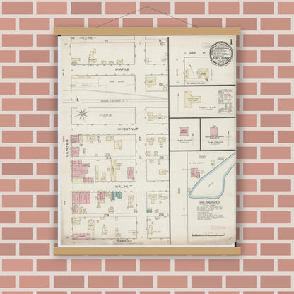 Old map wall art mockup — magnetic wood frame on brick wall — Sanborn Fire Insurance Map from Shelbina, Shelby County, Missouri (1886), Sheet #0001