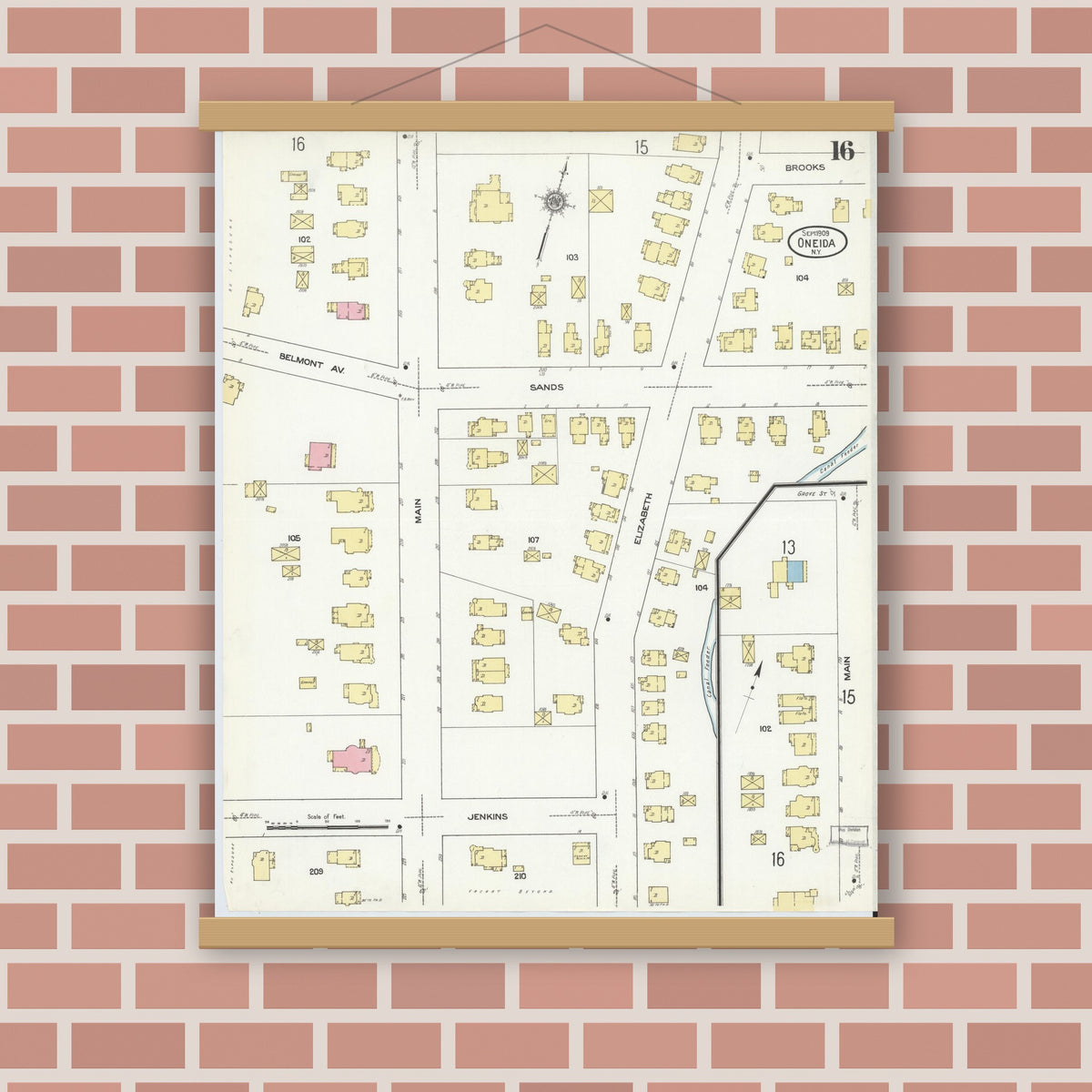 Old map wall art mockup — magnetic wood frame on brick wall — Sanborn Fire Insurance Map from Oneida, Madison County, New York (1909), Sheet #0016