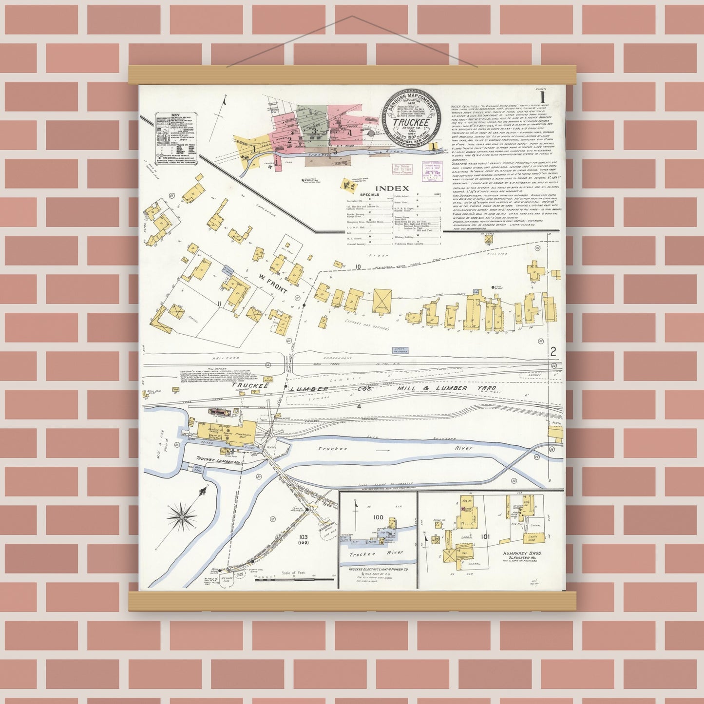 Old map wall art mockup — magnetic wood frame on brick wall — Sanborn Fire Insurance Map from Truckee, Nevada County, California (1907) - Complete Map Set