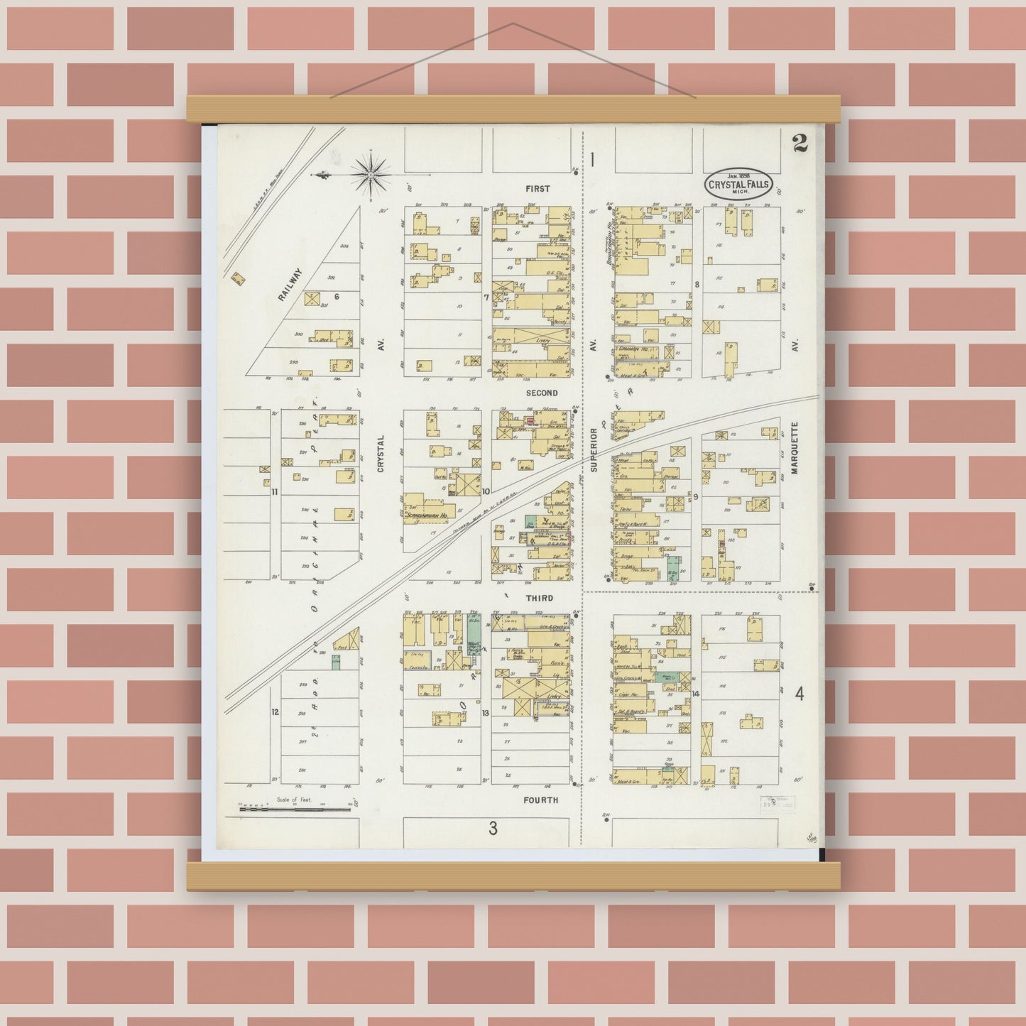 Old map wall art mockup — magnetic wood frame on brick wall — Sanborn Fire Insurance Map from Crystal Falls, Iron County, Michigan (1898), Sheet #0002