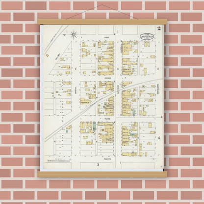 Old map wall art mockup — magnetic wood frame on brick wall — Sanborn Fire Insurance Map from Crystal Falls, Iron County, Michigan (1898), Sheet #0002