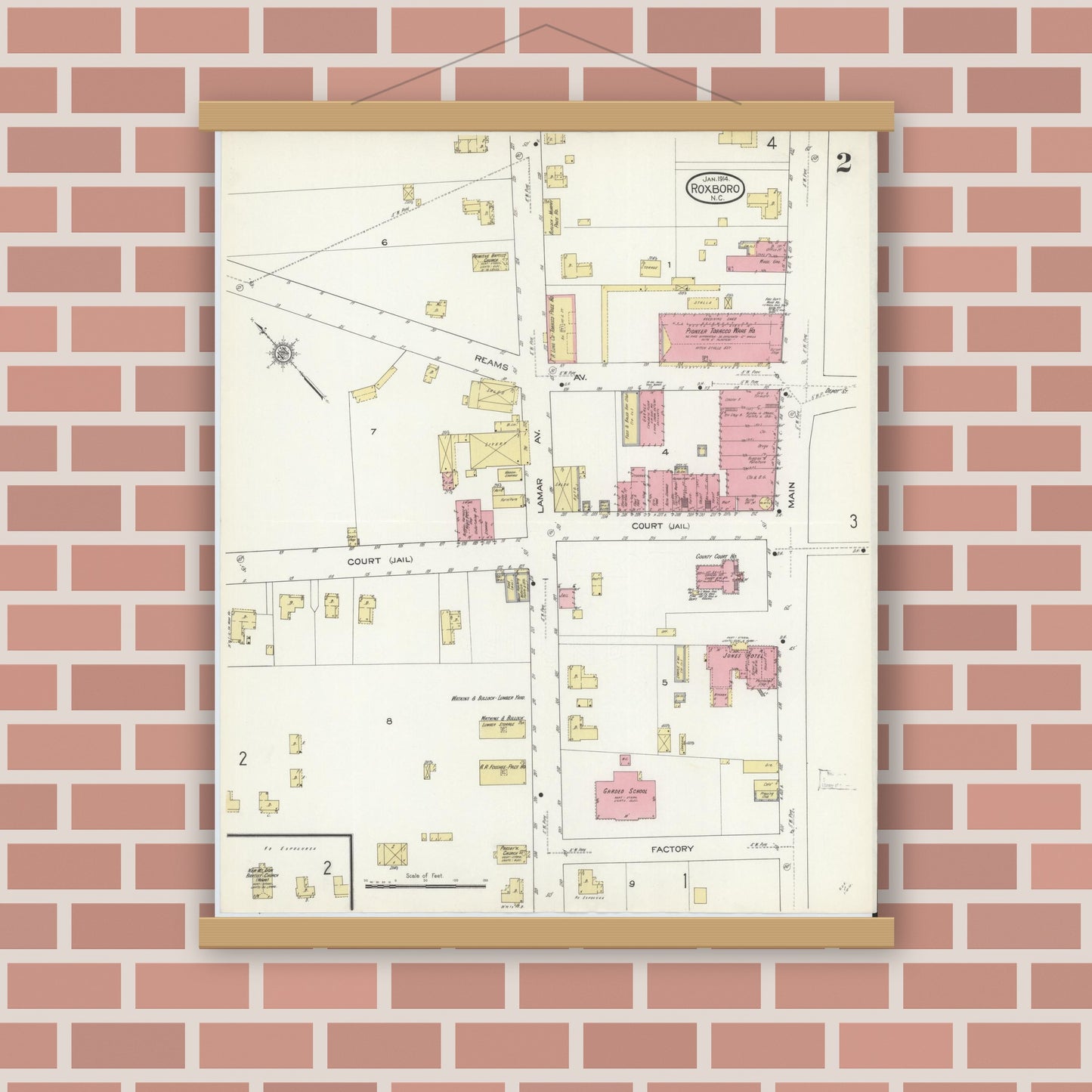 Old map wall art mockup — magnetic wood frame on brick wall — Sanborn Fire Insurance Map from Roxboro, Person County, North Carolina (1914), Sheet #0002