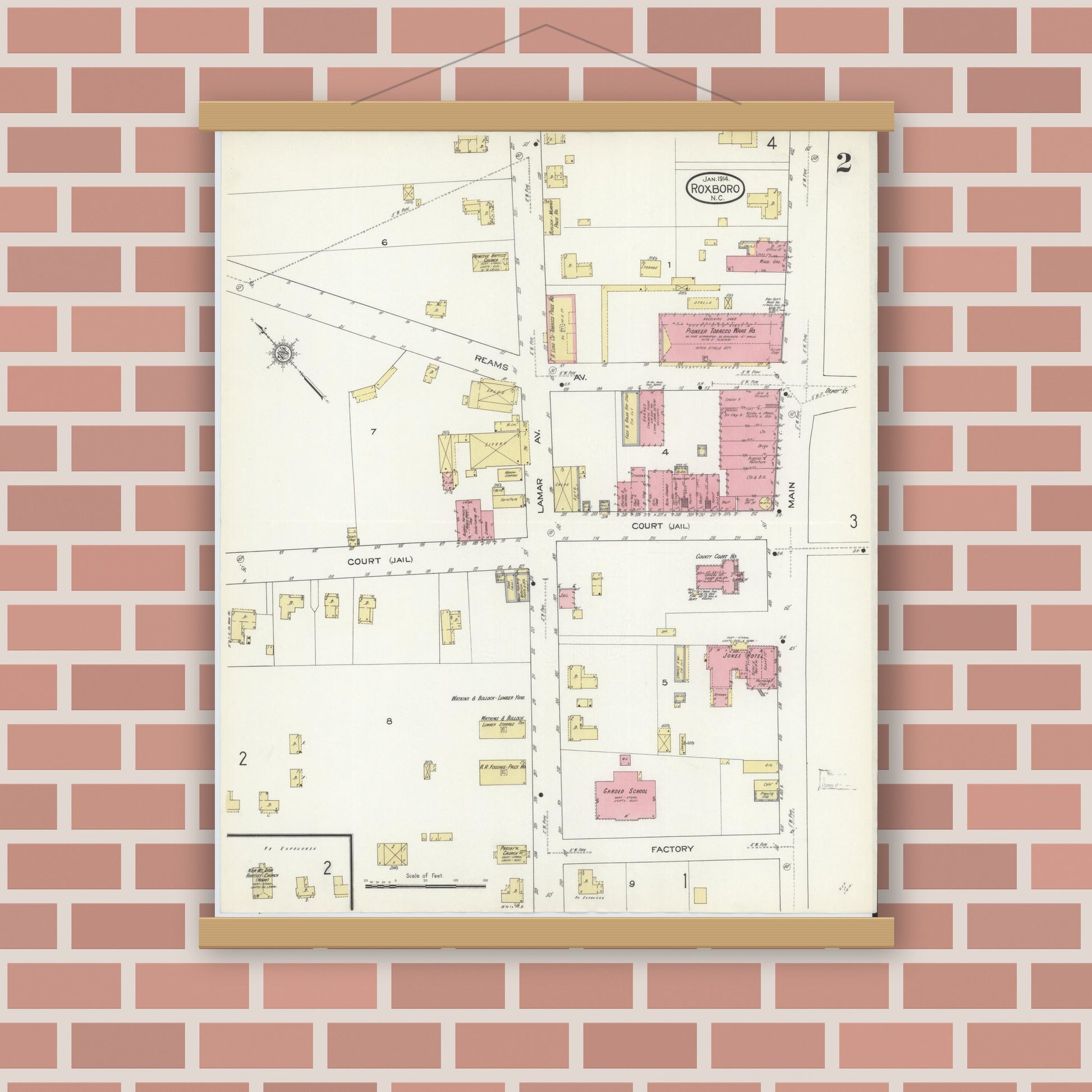 Old map wall art mockup — magnetic wood frame on brick wall — Sanborn Fire Insurance Map from Roxboro, Person County, North Carolina (1914), Sheet #0002
