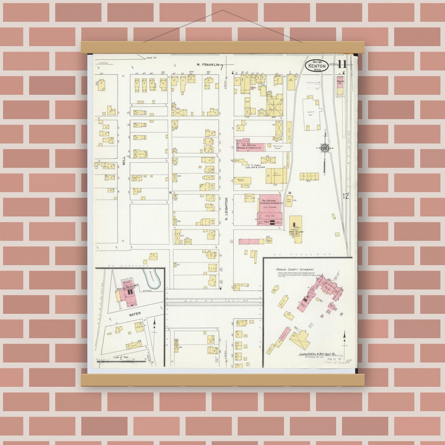 Old map wall art mockup — magnetic wood frame on brick wall — Sanborn Fire Insurance Map from Kenton, Hardin County, Ohio (1911), Sheet #0011