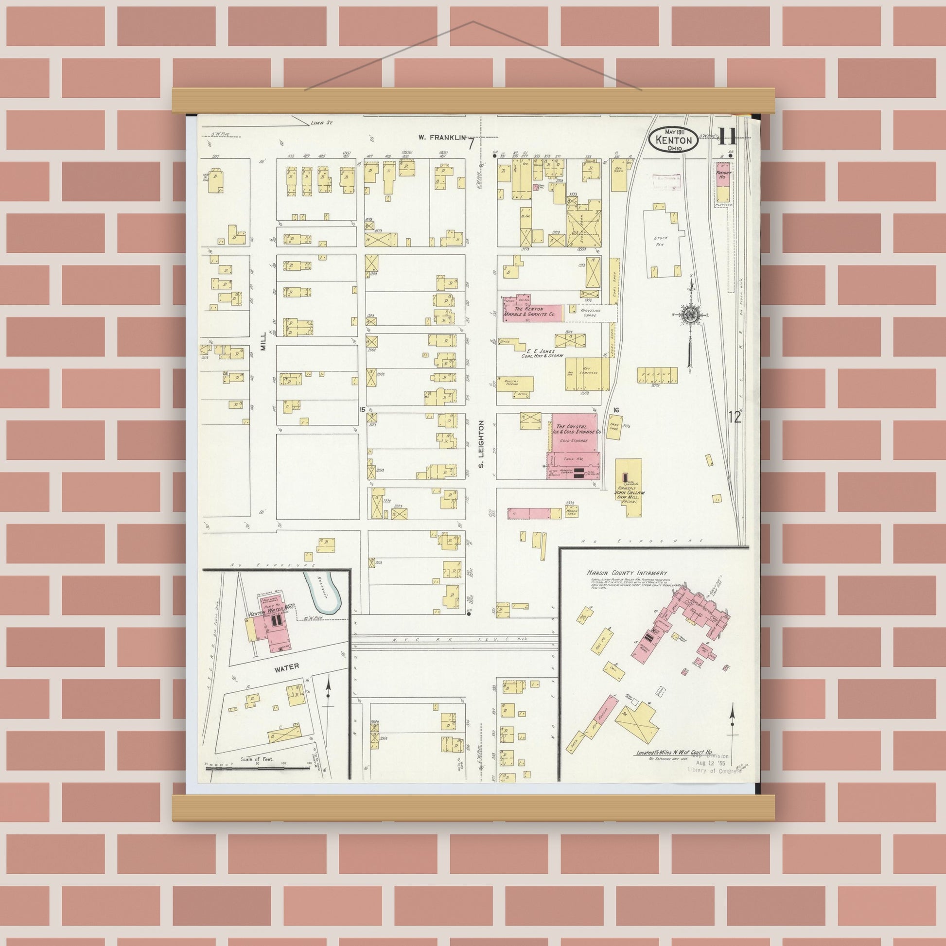 Old map wall art mockup — magnetic wood frame on brick wall — Sanborn Fire Insurance Map from Kenton, Hardin County, Ohio (1911), Sheet #0011
