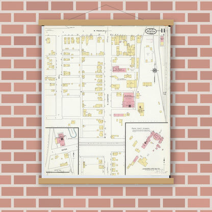 Old map wall art mockup — magnetic wood frame on brick wall — Sanborn Fire Insurance Map from Kenton, Hardin County, Ohio (1911), Sheet #0011