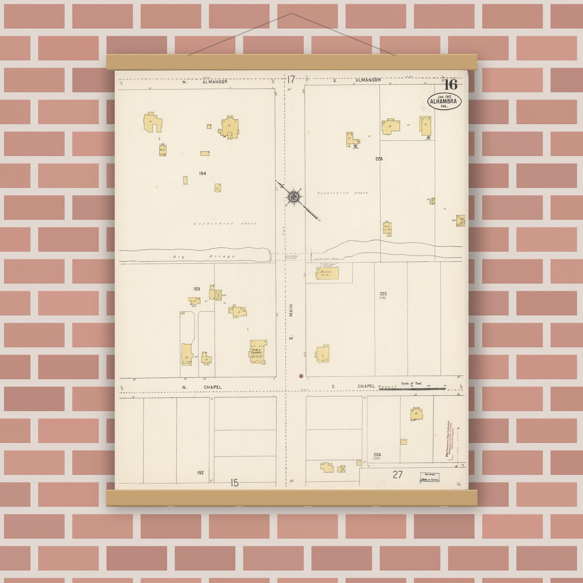 Old map wall art mockup — magnetic wood frame on brick wall — Sanborn Fire Insurance Map from Alhambra, Los Angeles County, California (1912), Sheet #0016