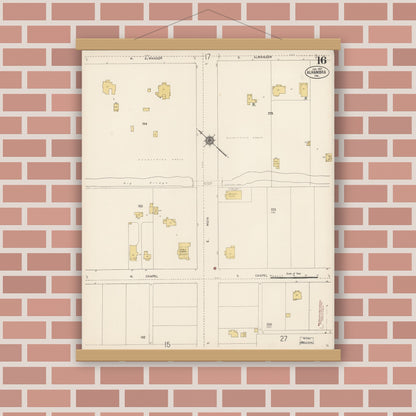 Old map wall art mockup — magnetic wood frame on brick wall — Sanborn Fire Insurance Map from Alhambra, Los Angeles County, California (1912), Sheet #0016