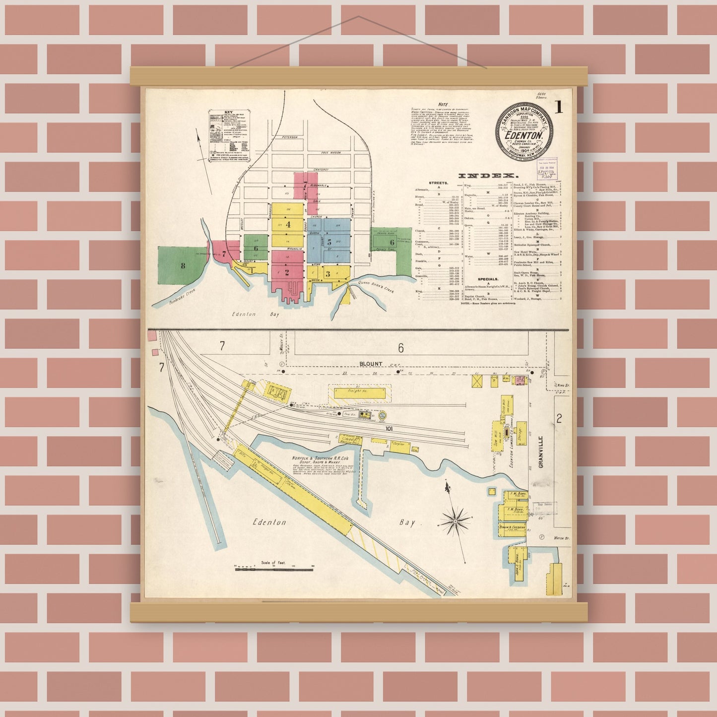 Old map wall art mockup — magnetic wood frame on brick wall — Sanborn Fire Insurance Map from Edenton, Chowan County, North Carolina (1904), Sheet #0001