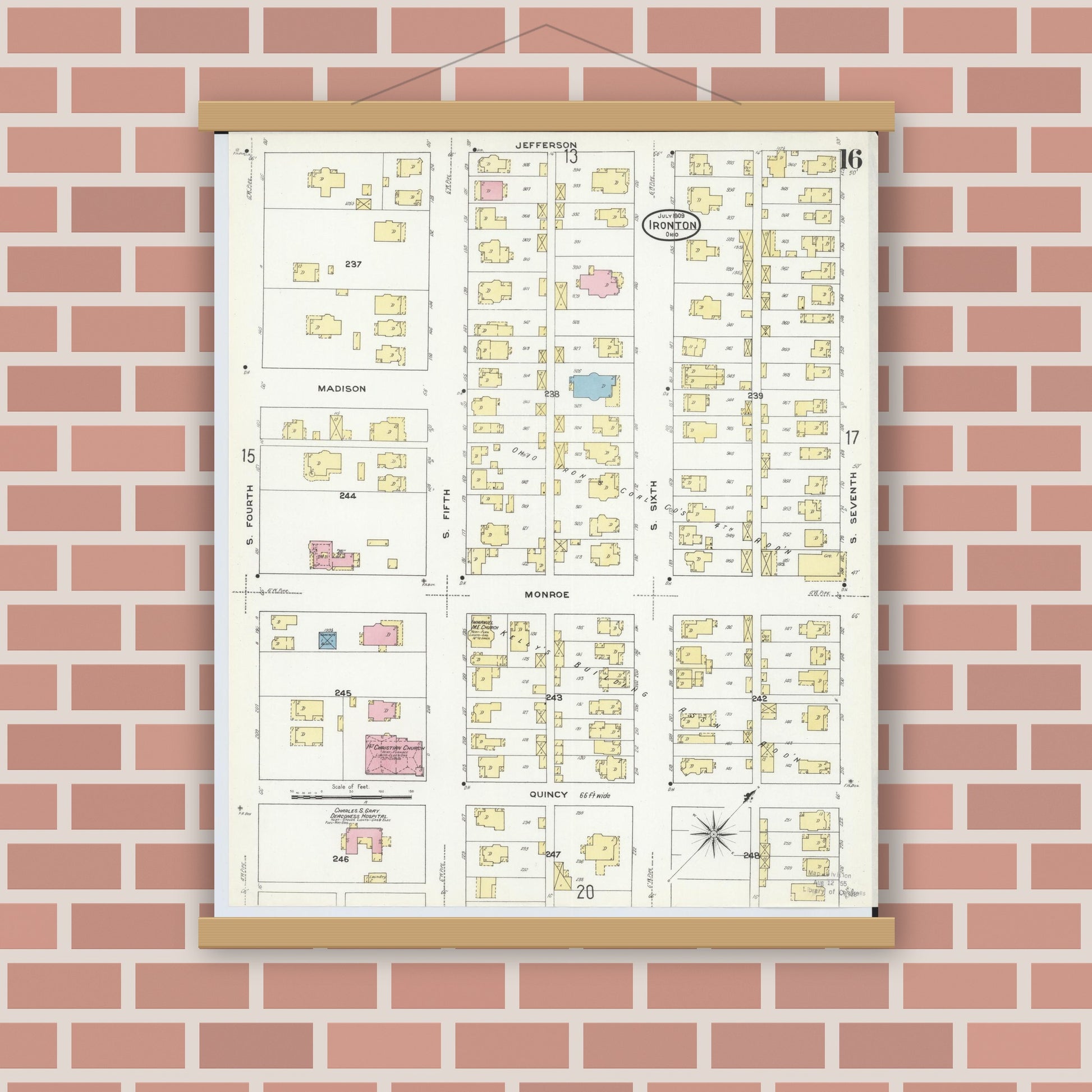 Old map wall art mockup — magnetic wood frame on brick wall — Sanborn Fire Insurance Map from Ironton, Lawrence County, Ohio (1909), Sheet #0016