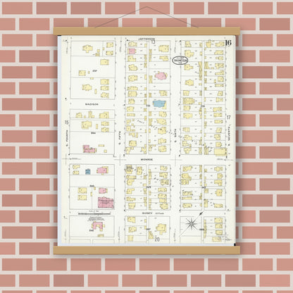Old map wall art mockup — magnetic wood frame on brick wall — Sanborn Fire Insurance Map from Ironton, Lawrence County, Ohio (1909), Sheet #0016