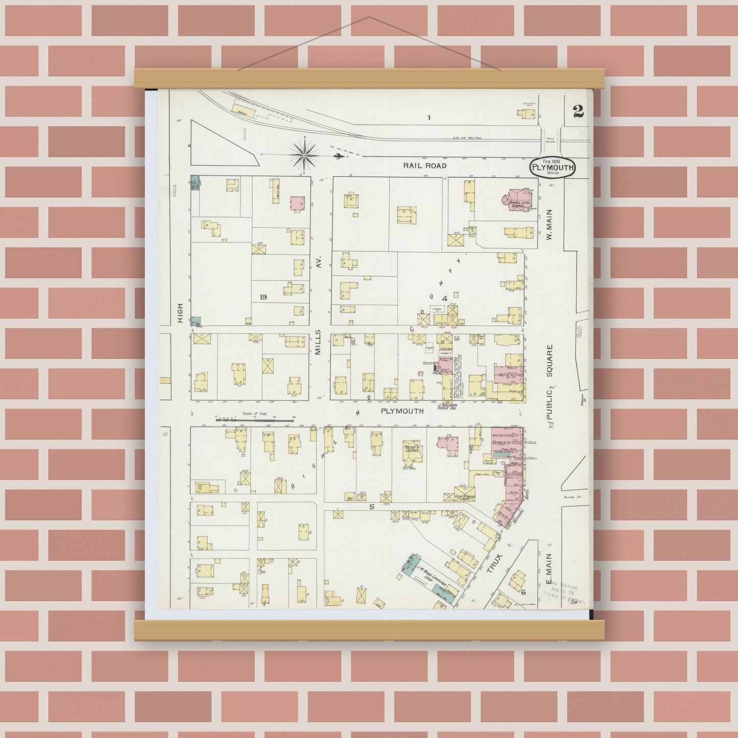 Old map wall art mockup — magnetic wood frame on brick wall — Sanborn Fire Insurance Map from Plymouth, Huron And Richland Counties, Ohio (1893), Sheet #0002