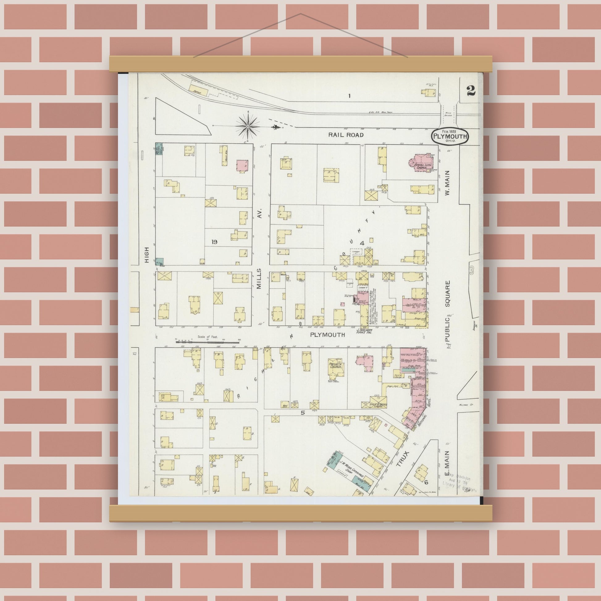 Old map wall art mockup — magnetic wood frame on brick wall — Sanborn Fire Insurance Map from Plymouth, Huron And Richland Counties, Ohio (1893), Sheet #0002