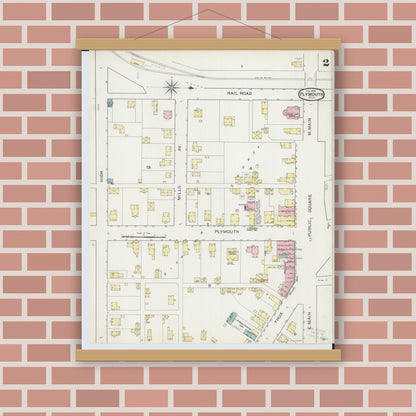 Old map wall art mockup — magnetic wood frame on brick wall — Sanborn Fire Insurance Map from Plymouth, Huron And Richland Counties, Ohio (1893), Sheet #0002