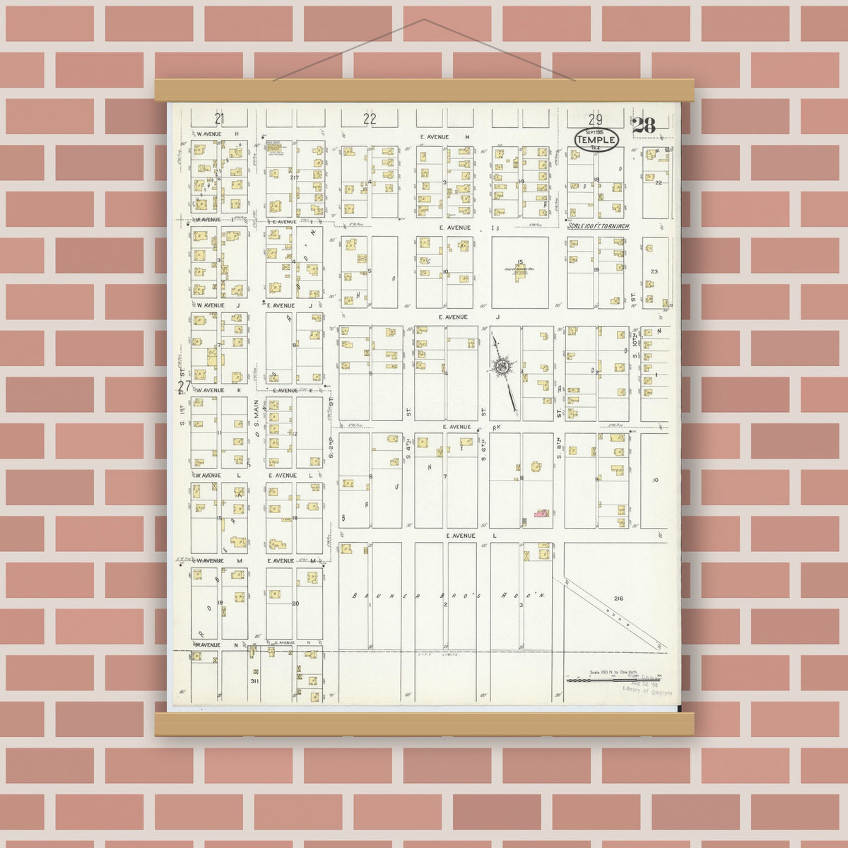 Old map wall art mockup — magnetic wood frame on brick wall — Sanborn Fire Insurance Map from Temple, Bell County, Texas (1915), Sheet #0028