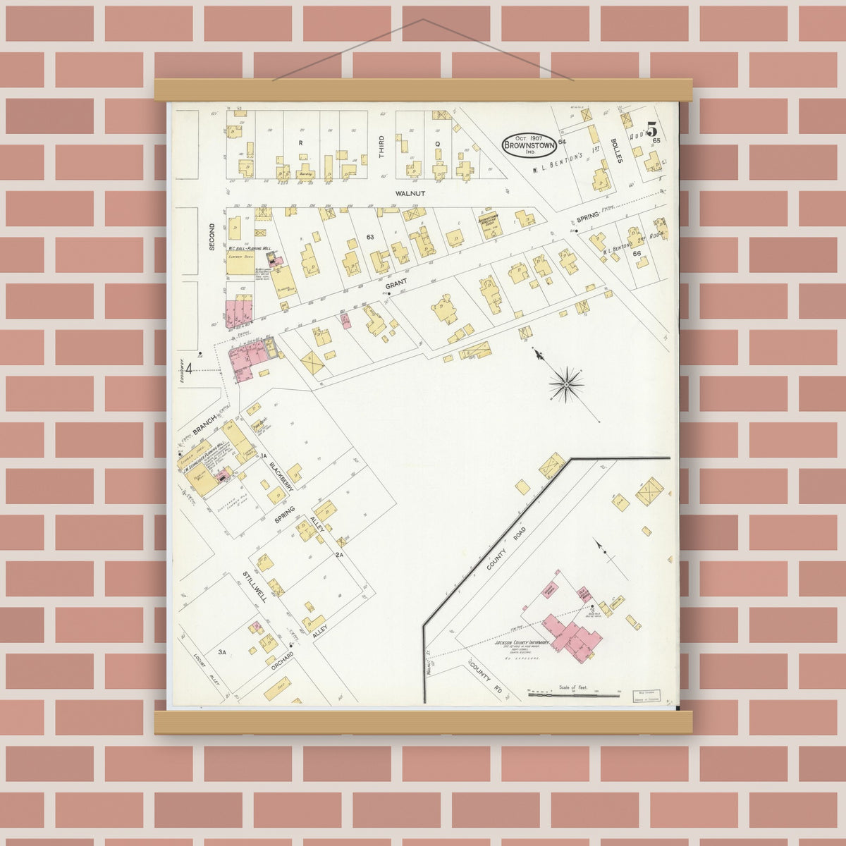 Old map wall art mockup — magnetic wood frame on brick wall — Sanborn Fire Insurance Map from Brownstown, Jackson County, Indiana (1907), Sheet #0005