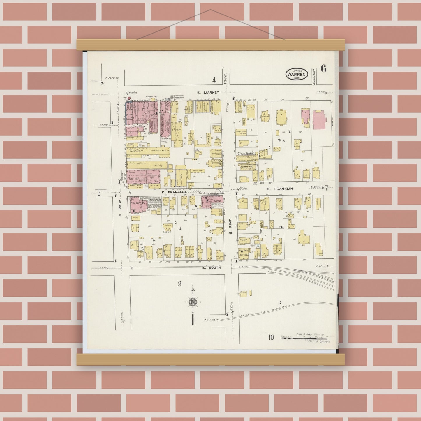Old map wall art mockup — magnetic wood frame on brick wall — Sanborn Fire Insurance Map from Warren, Trumbull County, Ohio (1915), Sheet #0006