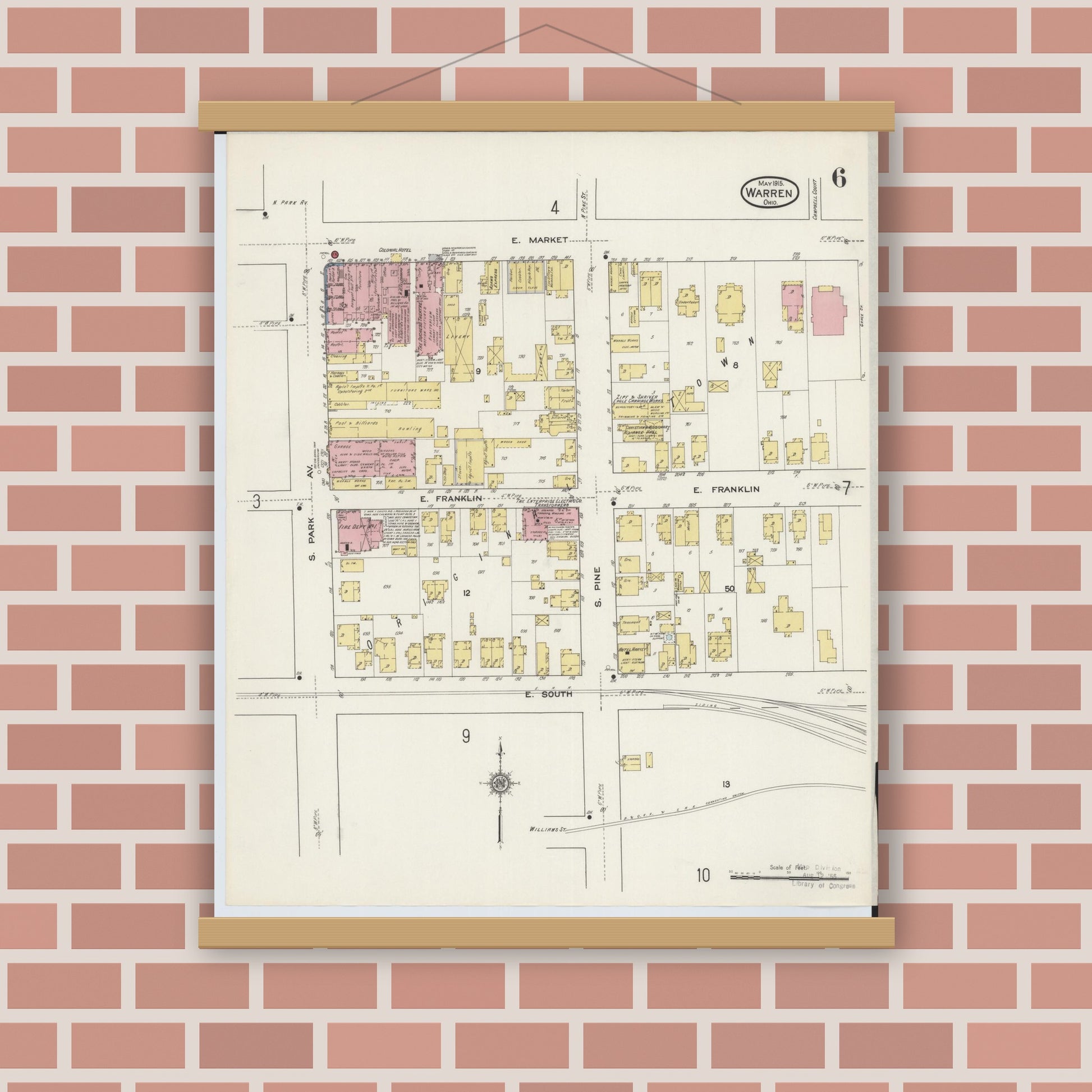 Old map wall art mockup — magnetic wood frame on brick wall — Sanborn Fire Insurance Map from Warren, Trumbull County, Ohio (1915), Sheet #0006