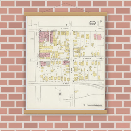 Old map wall art mockup — magnetic wood frame on brick wall — Sanborn Fire Insurance Map from Warren, Trumbull County, Ohio (1915), Sheet #0006
