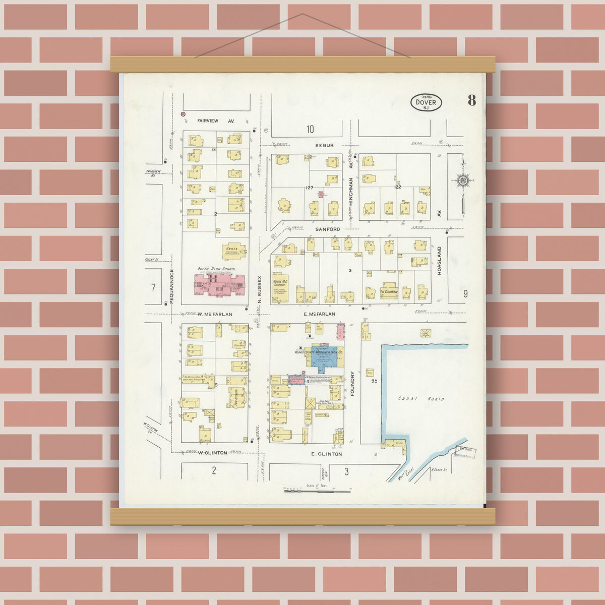 Old map wall art mockup — magnetic wood frame on brick wall — Sanborn Fire Insurance Map from Dover, Morris County, New Jersey (1916), Sheet #0008