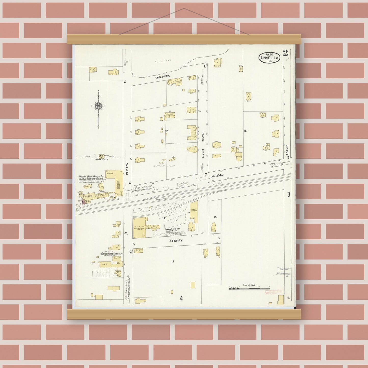 Old map wall art mockup — magnetic wood frame on brick wall — Sanborn Fire Insurance Map from Unadilla, Otsego County, New York (1910), Sheet #0002