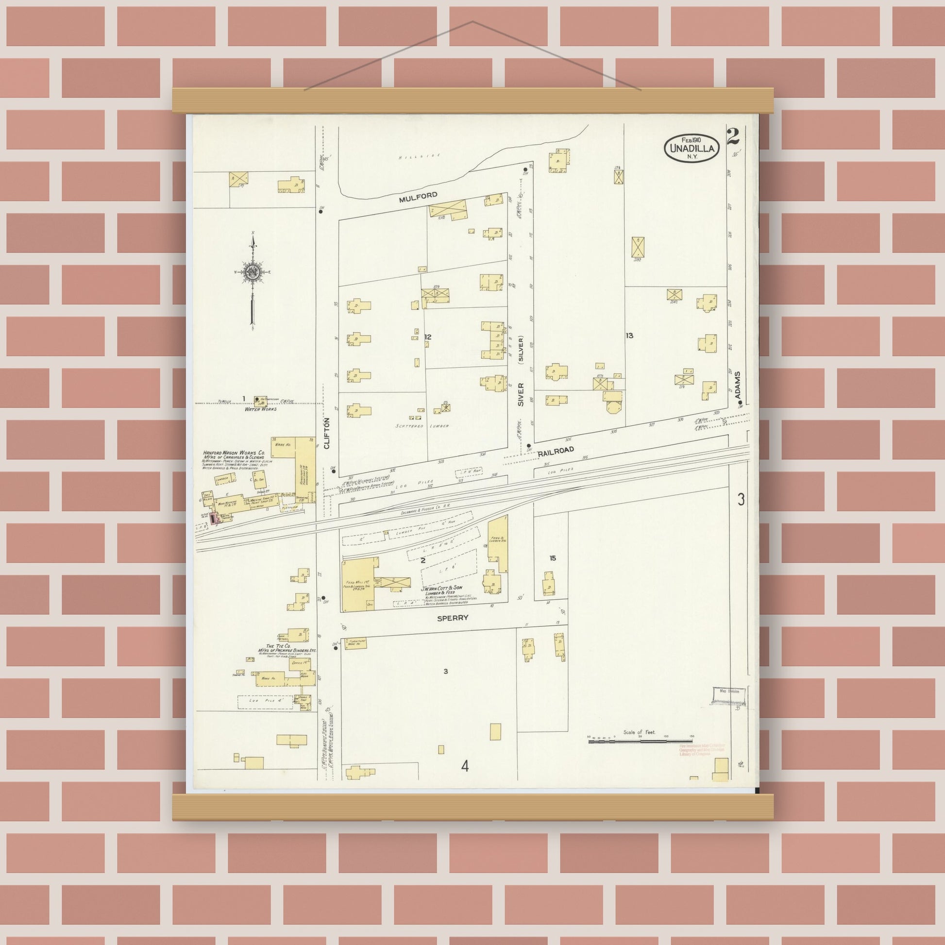Old map wall art mockup — magnetic wood frame on brick wall — Sanborn Fire Insurance Map from Unadilla, Otsego County, New York (1910), Sheet #0002