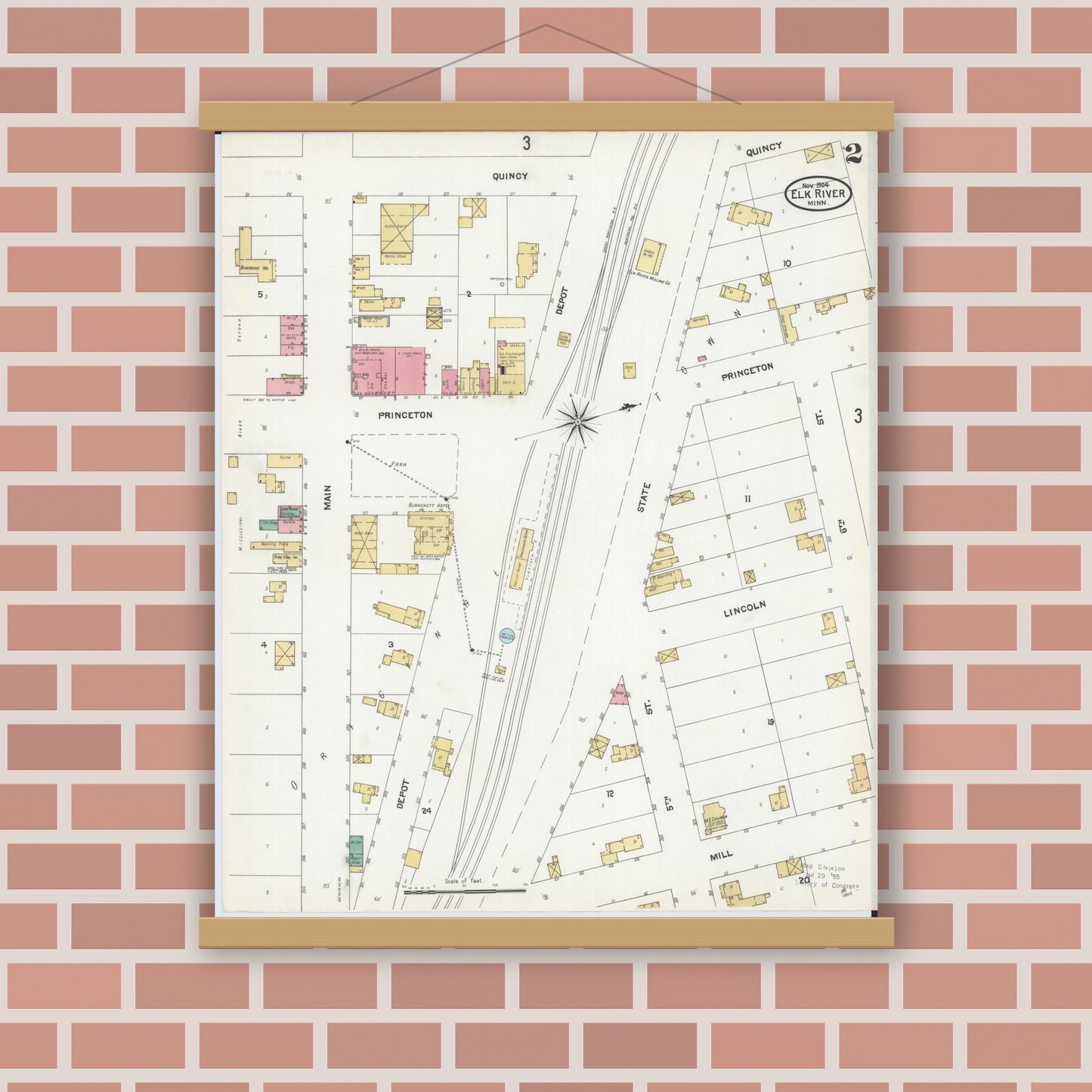 Old map wall art mockup — magnetic wood frame on brick wall — Sanborn Fire Insurance Map from Elk River, Sherburne County, Minnesota (1905), Sheet #0002