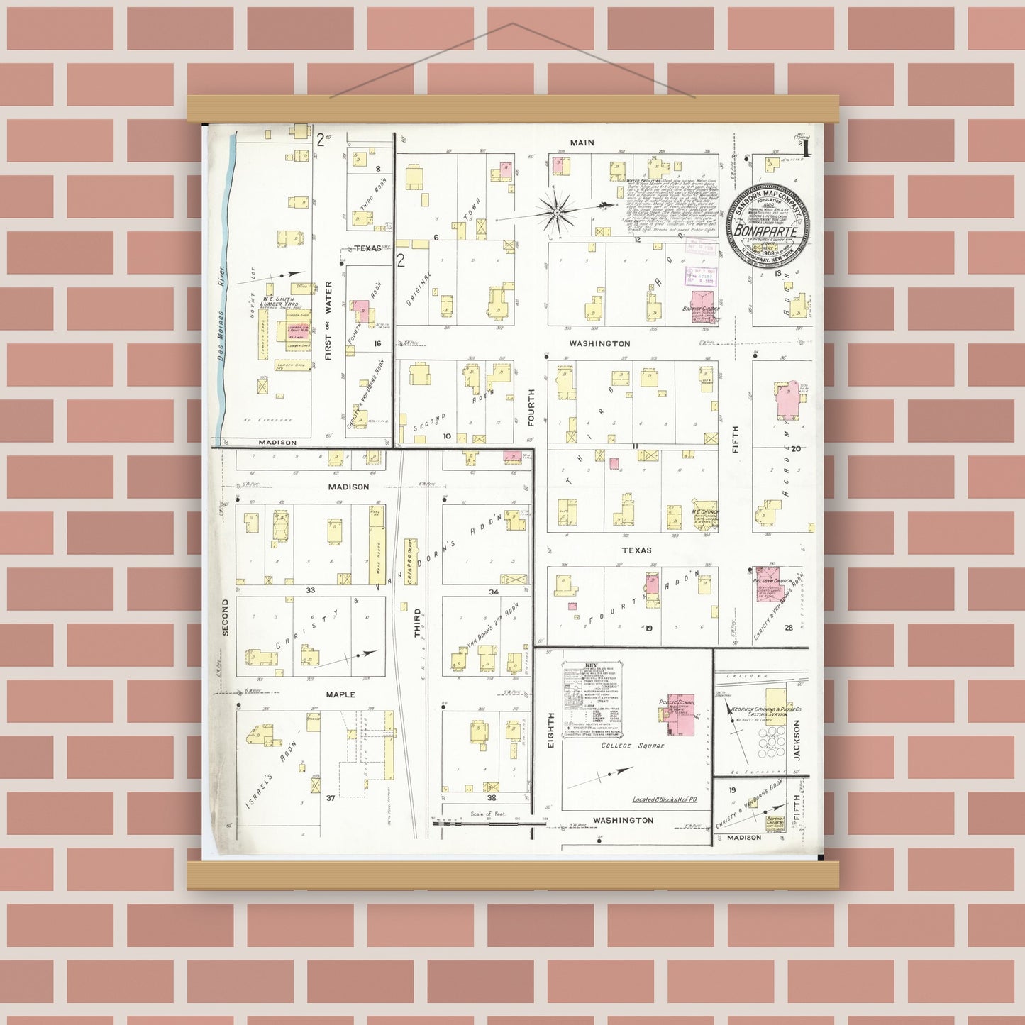 Old map wall art mockup — magnetic wood frame on brick wall — Sanborn Fire Insurance Map from Bonaparte, Van Buren County, Iowa (1909) â€” Complete Set