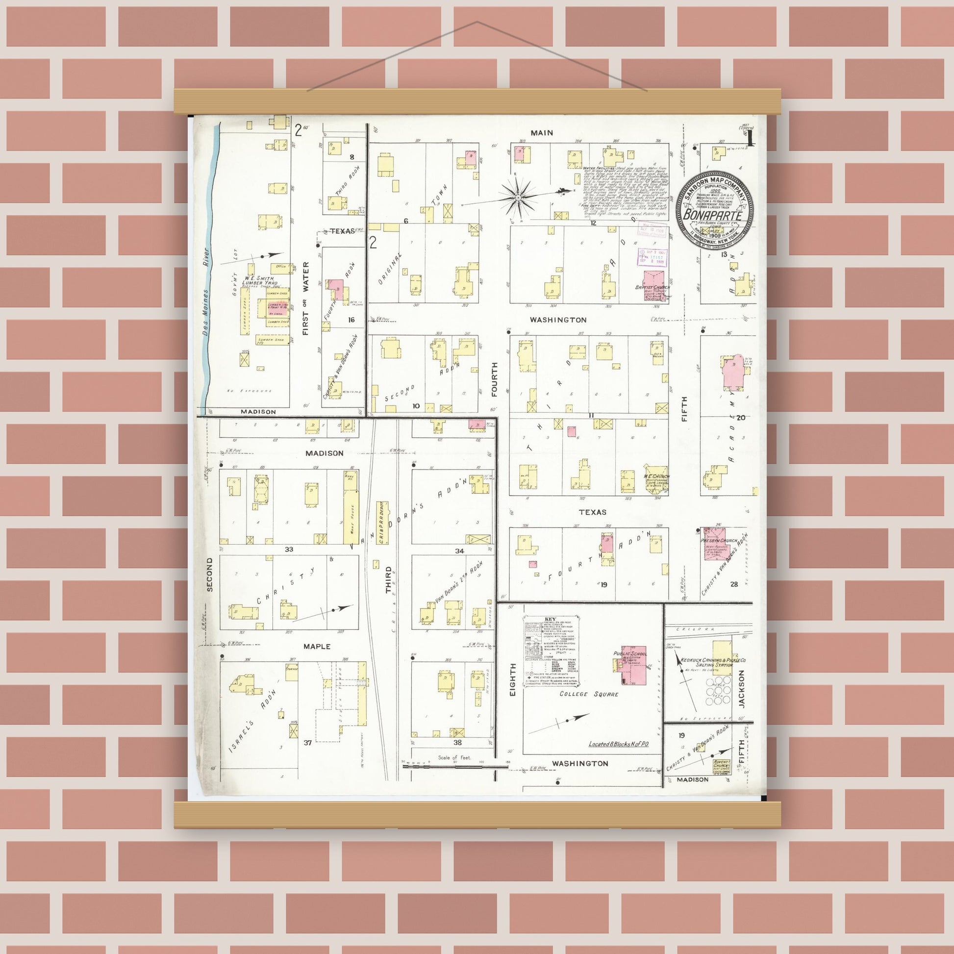 Old map wall art mockup — magnetic wood frame on brick wall — Sanborn Fire Insurance Map from Bonaparte, Van Buren County, Iowa (1909) â€” Complete Set