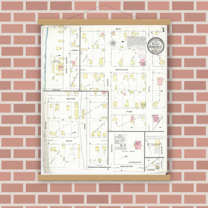 Old map wall art mockup — magnetic wood frame on brick wall — Sanborn Fire Insurance Map from Bonaparte, Van Buren County, Iowa (1909) â€” Complete Set