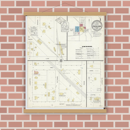 Old map wall art mockup — magnetic wood frame on brick wall — Sanborn Fire Insurance Map from South Lyon, Oakland County, Michigan (1913) - Complete Map Set