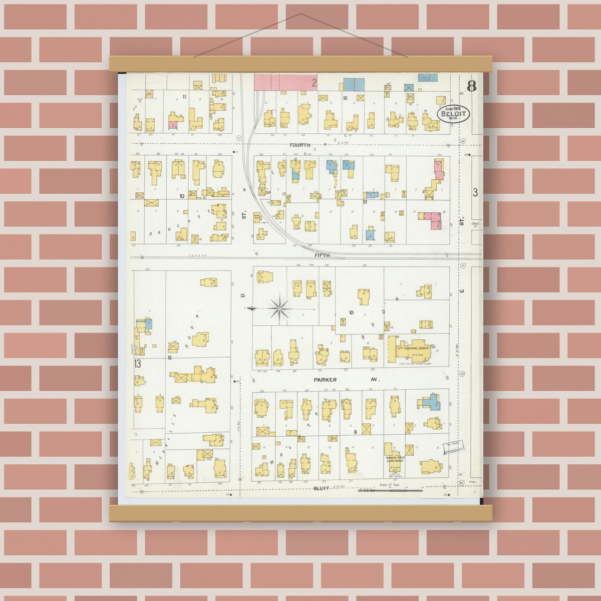 Old map wall art mockup — magnetic wood frame on brick wall — Sanborn Fire Insurance Map from Beloit, Rock County, Wisconsin (1902), Sheet #0008