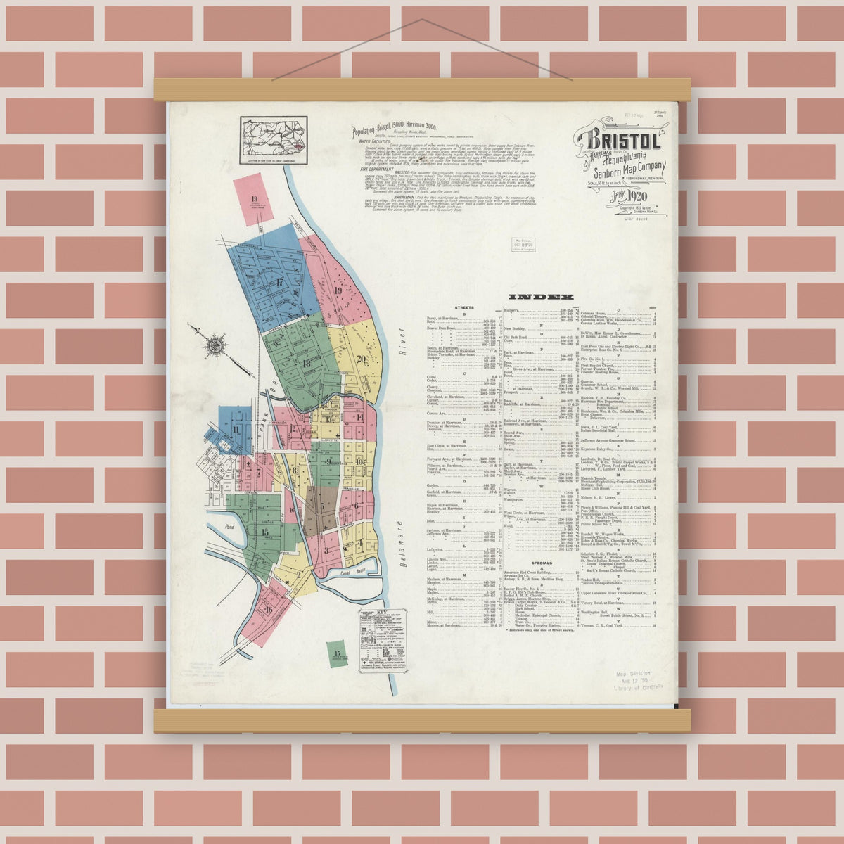 Old map wall art mockup — magnetic wood frame on brick wall — Sanborn Fire Insurance Map from Bristol, Bucks County, Pennsylvania (1927), Sheet #0001