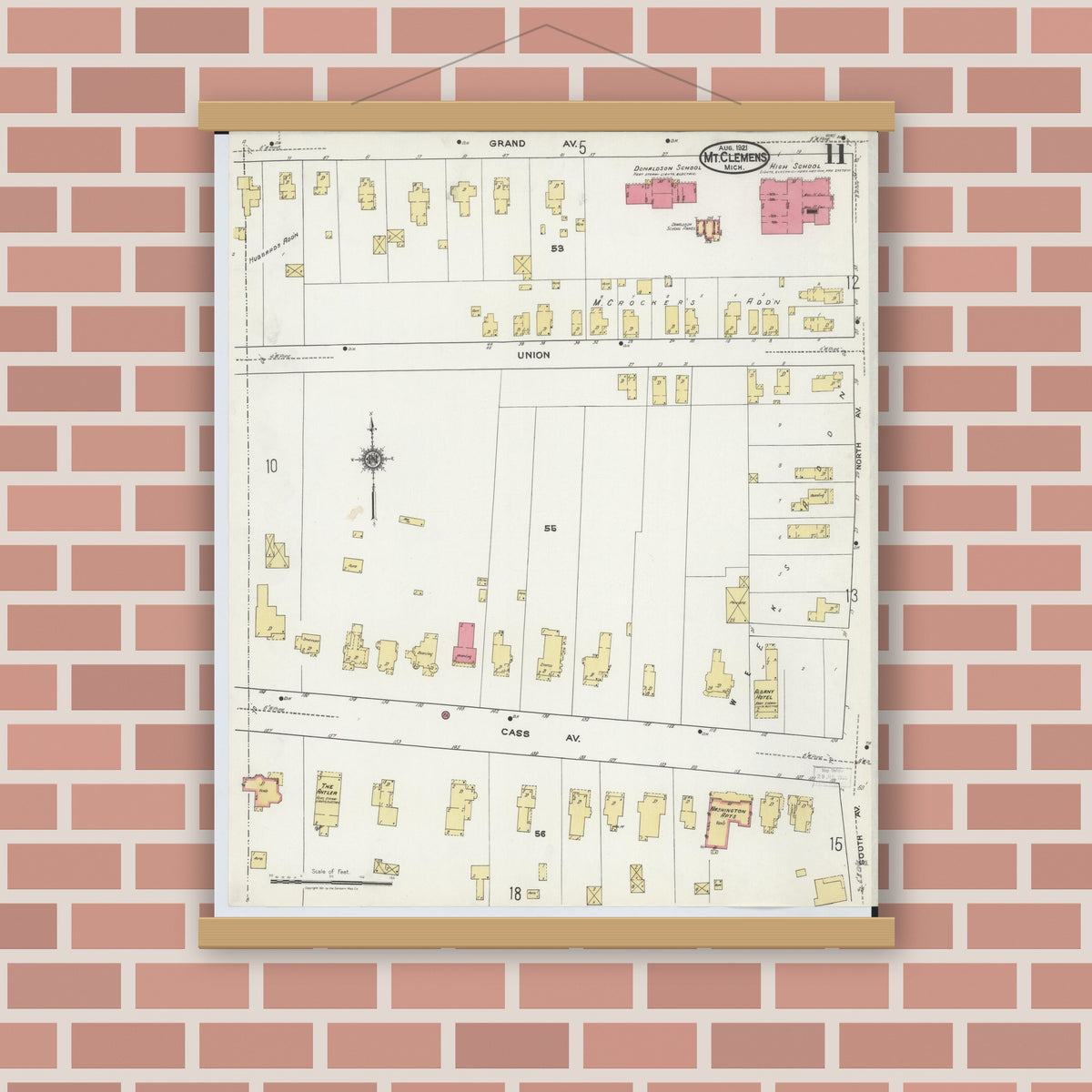 Old map wall art mockup — magnetic wood frame on brick wall — Sanborn Fire Insurance Map from Mount Clemens, Macomb County, Michigan (1921), Sheet #0011