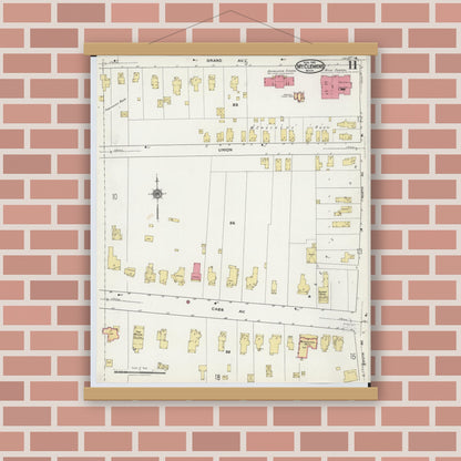 Old map wall art mockup — magnetic wood frame on brick wall — Sanborn Fire Insurance Map from Mount Clemens, Macomb County, Michigan (1921), Sheet #0011