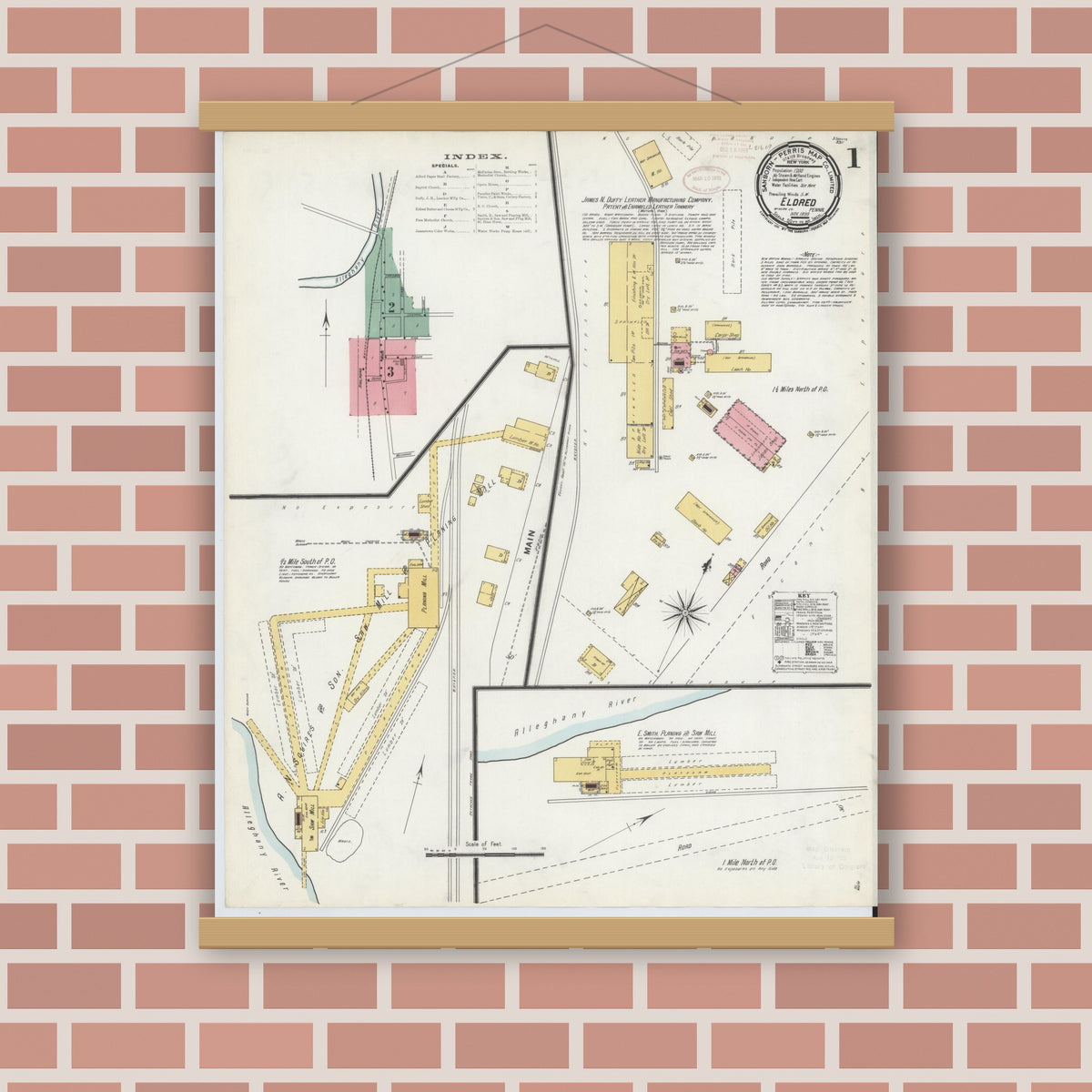 Old map wall art mockup — magnetic wood frame on brick wall — Sanborn Fire Insurance Map from Eldred, McKean County, Pennsylvania (1899) - Complete Map Set