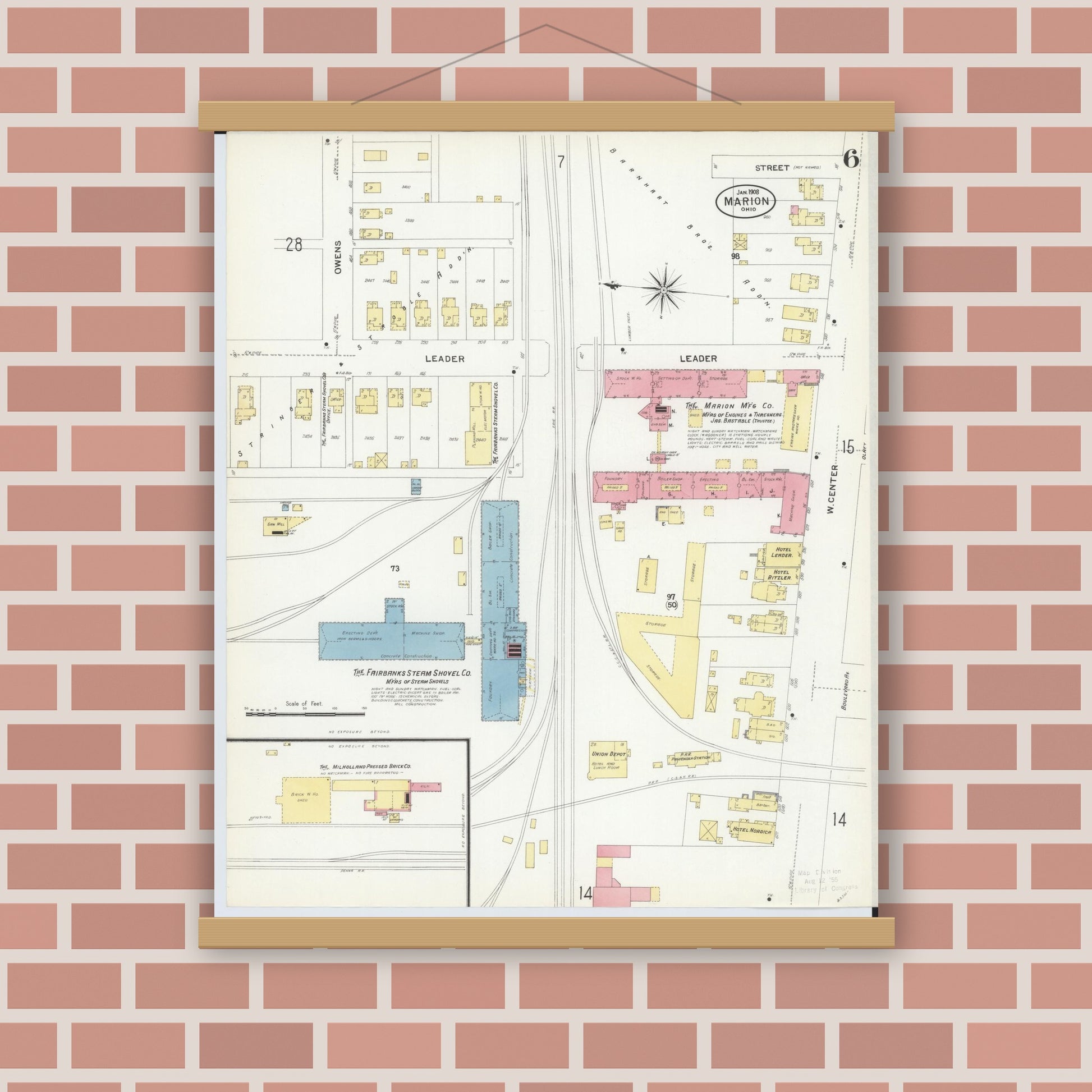 Old map wall art mockup — magnetic wood frame on brick wall — Sanborn Fire Insurance Map from Marion, Marion County, Ohio (1908), Sheet #0006