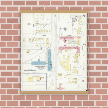 Old map wall art mockup — magnetic wood frame on brick wall — Sanborn Fire Insurance Map from Marion, Marion County, Ohio (1908), Sheet #0006